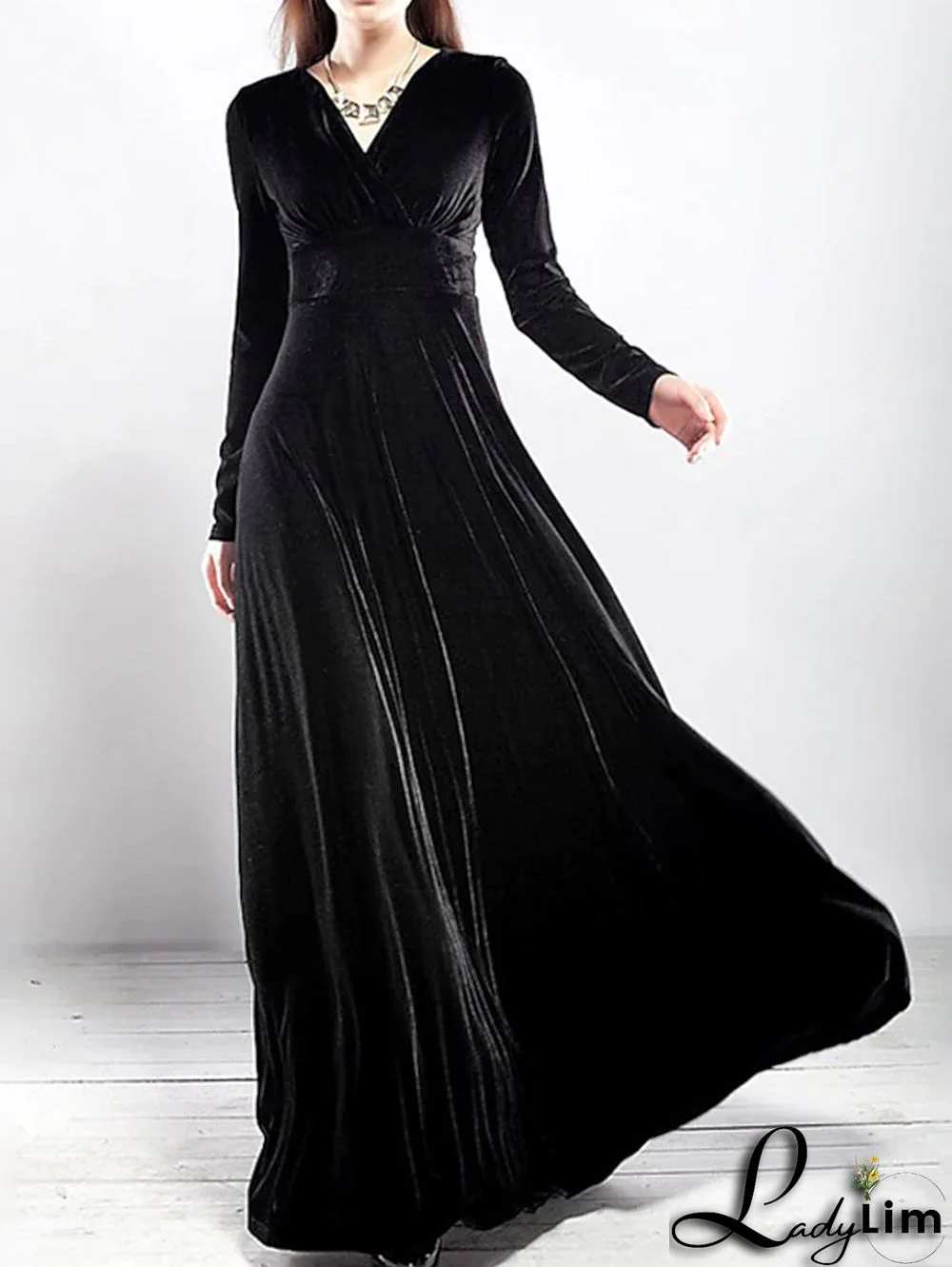 Elegant Wrap Wide Band A-line Velvet Maxi Dress