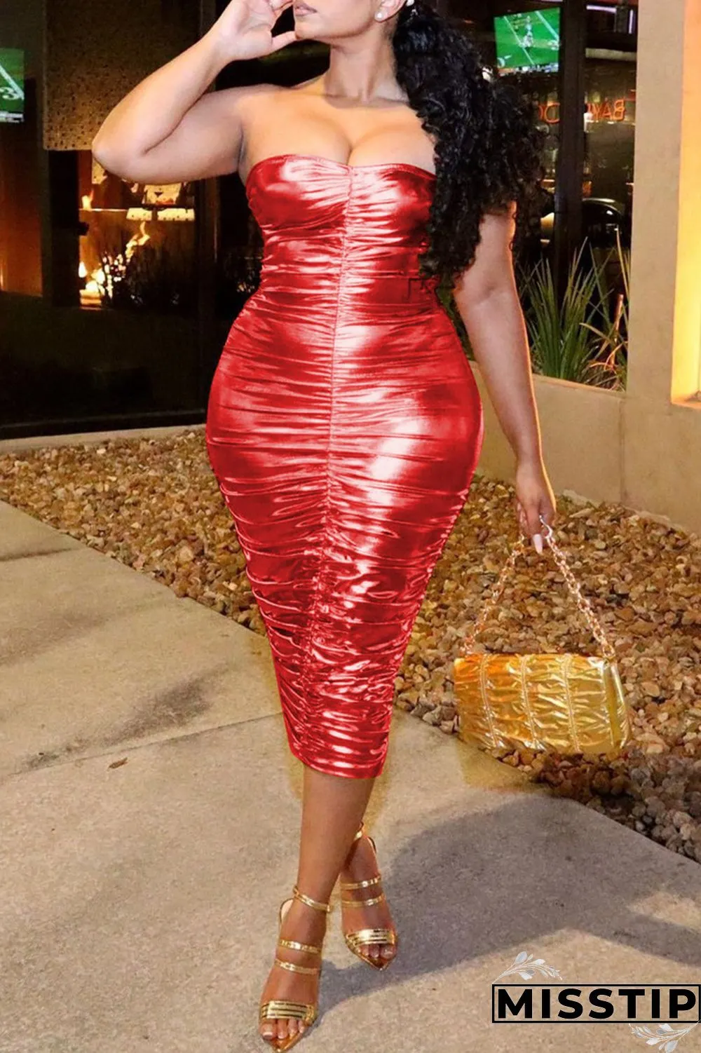 Golden Yellow Sexy Solid Fold Strapless Sleeveless Dress