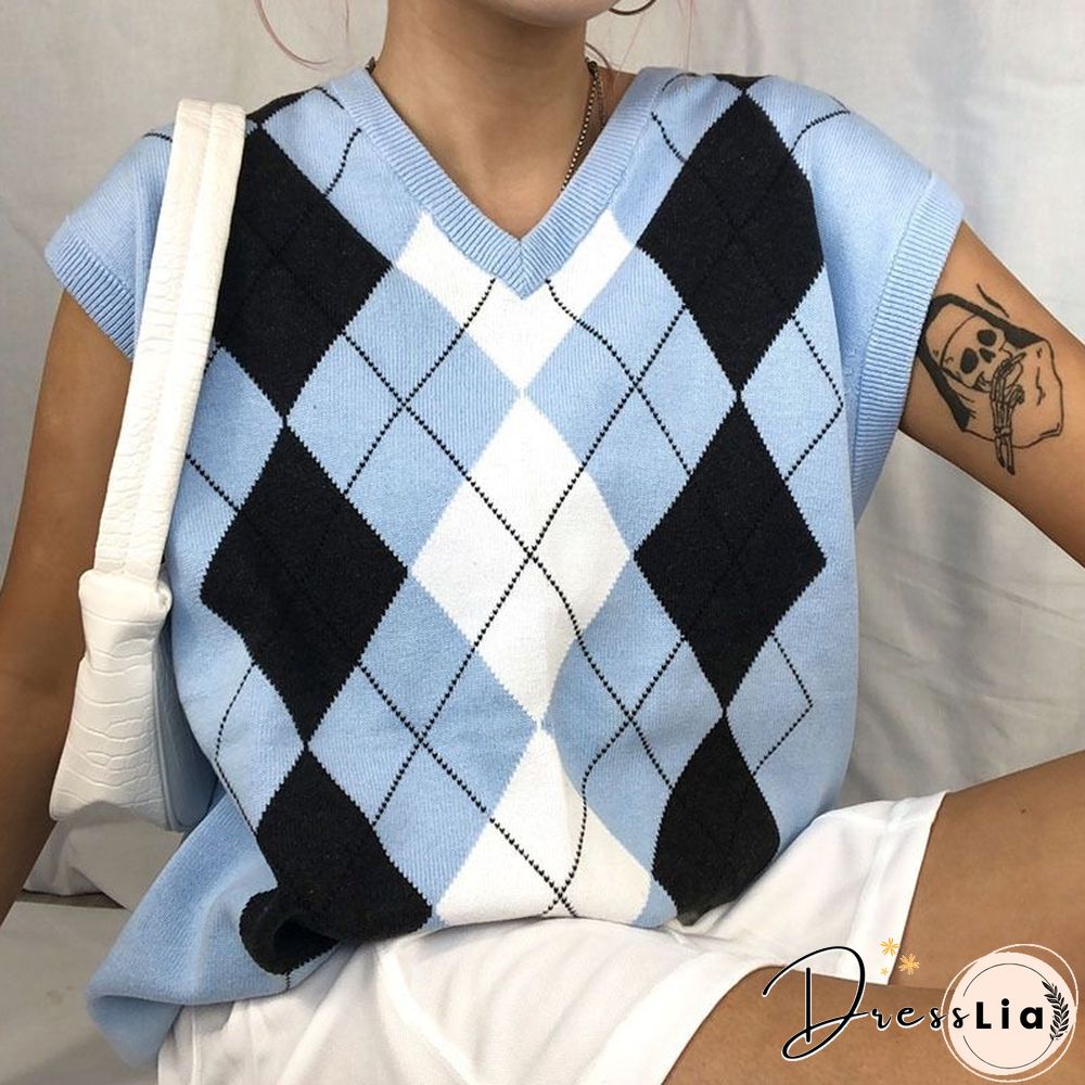 Checkered Cropped Knitted Tank Argyle Sleeveless Jumper