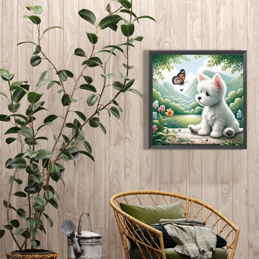 Diamond Painting - Full Round Drill - Dog Playing Butterfly(Canvas|40*40cm)