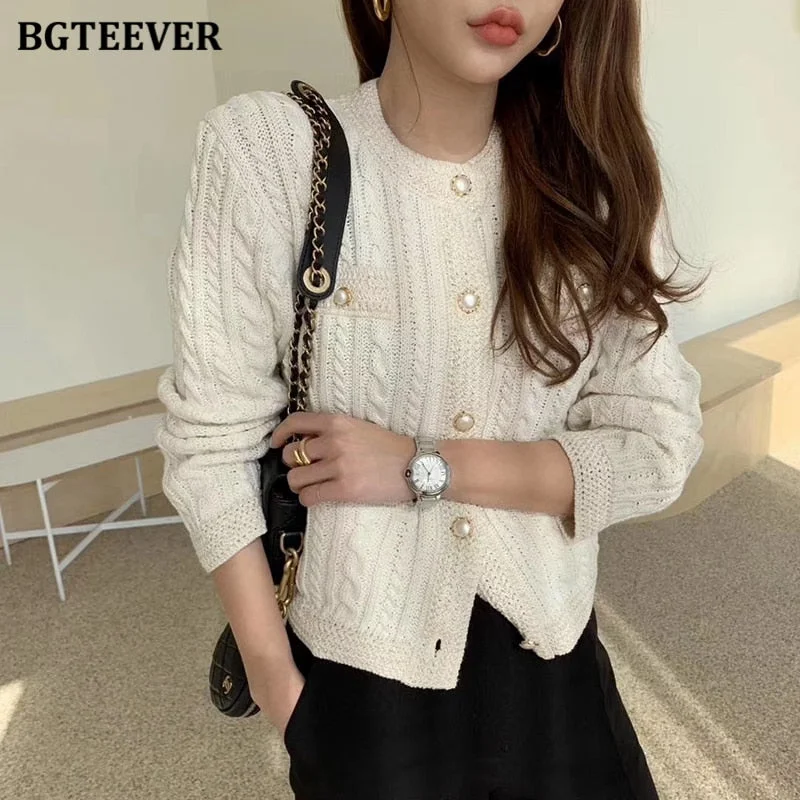 BGTEEVER Elegant Women O-neck Knitted Cardigans Single-breasted Slim Twisted Sweater Female 2020 Autumn O-neck Outwear Tops
