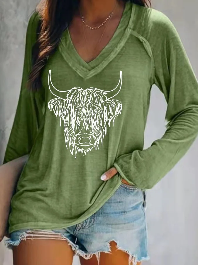 Women's Western Retro Highland Cow Casual V-Neck Long-Sleeve T-Shirt socialshop