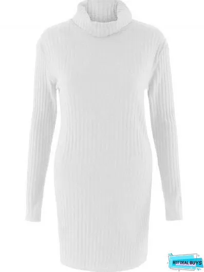 Fashion Long Sleeve Casual High Neck Striped Knit Sweater Dress