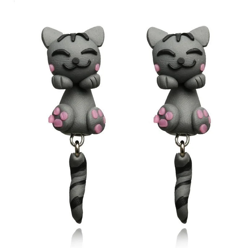 Women plus size clothing Wholesale Cheap Jewelry Simple Korea Cartoon Cute Soft clay Gray Kitty Earrings-Nordswear