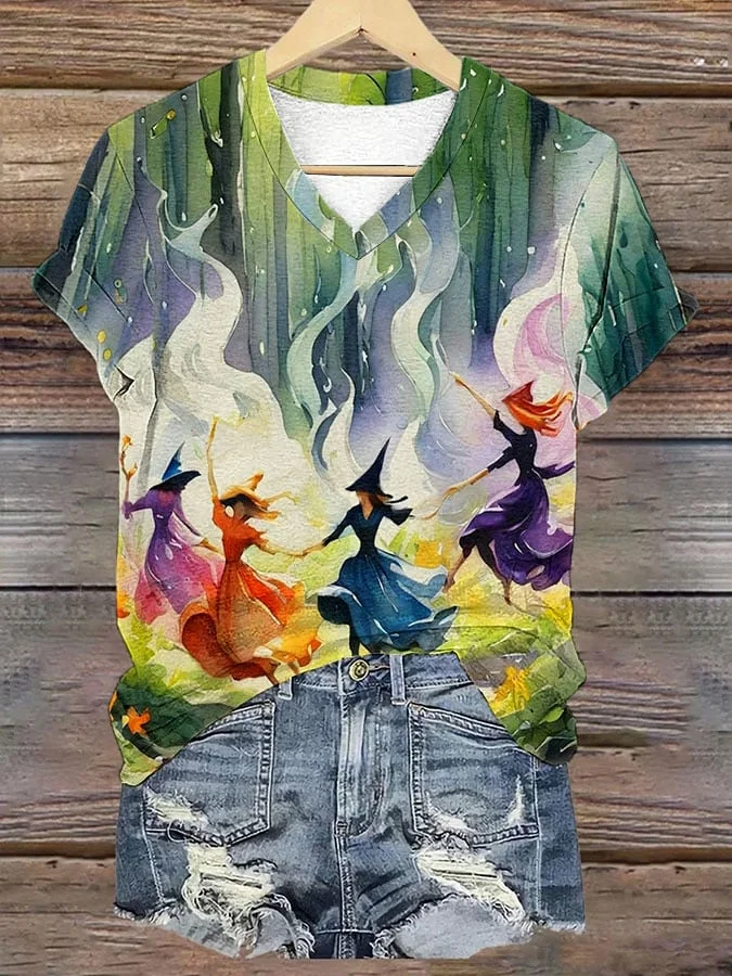 Women's Halloween Witch Dance Print V Neck T-Shirt