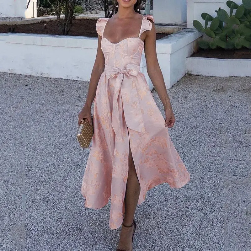 Uveng Uveng Women's New Fashion Floral Print Open Fork Waist Hanging Dress