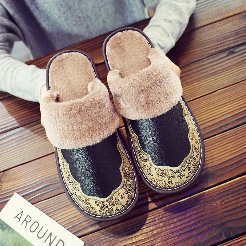 Waterproof Home Slippers Women Men Winter Warm Flat House Shoes Man Soft Comfort Female Shoes Leather Indoor Slippers