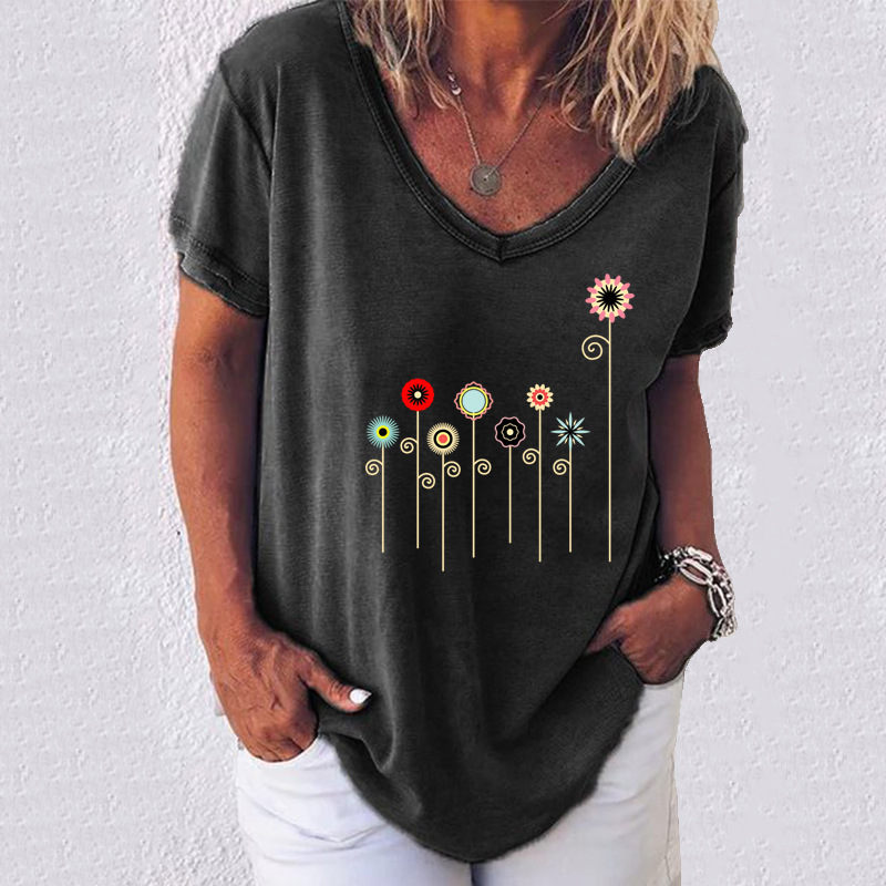 Women's Outdoor Floral Printed Short Sleeve V-neck T-shirt