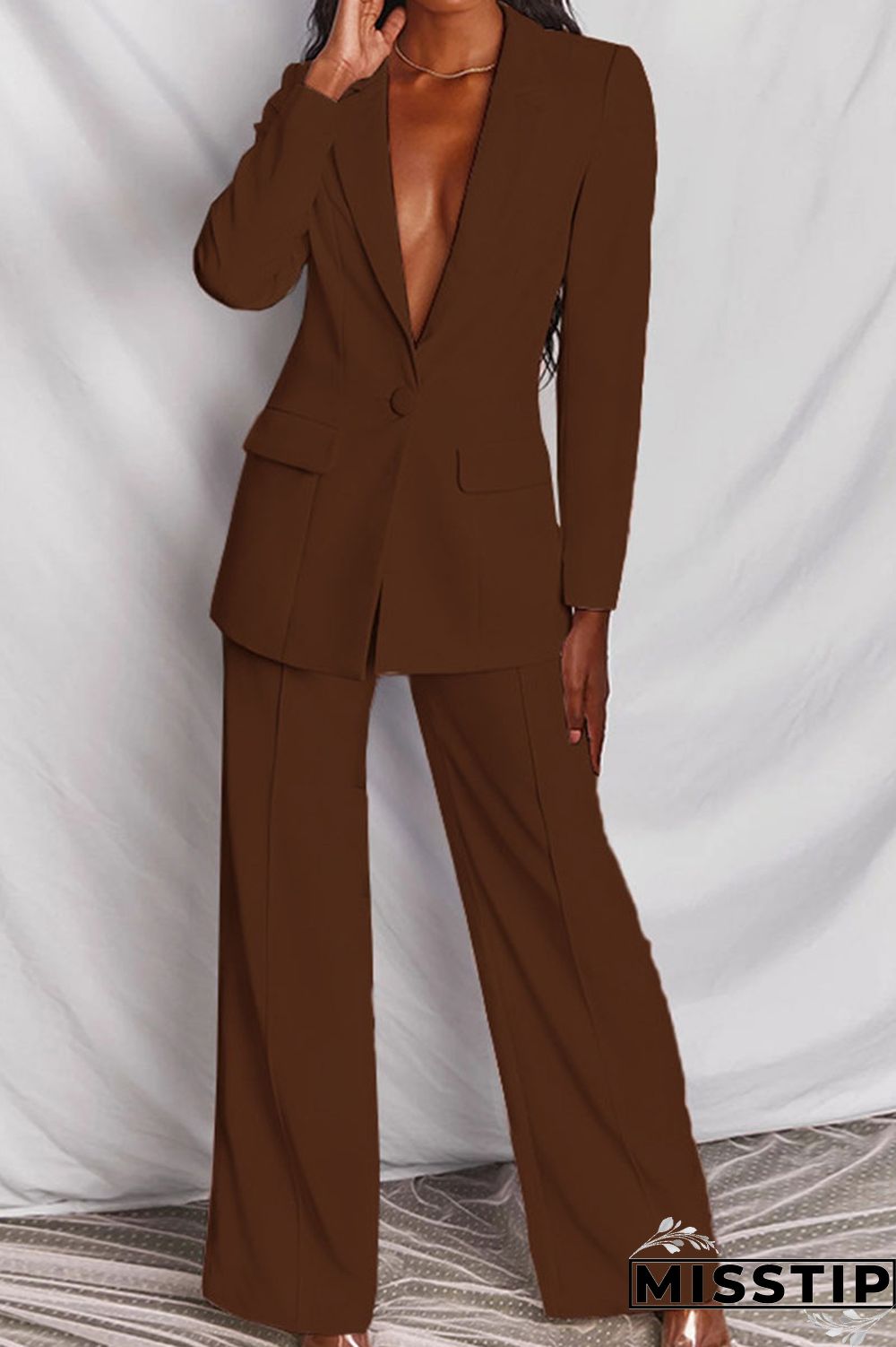 Coffee Casual Solid Buttons Turn-back Collar Long Sleeve Two Pieces