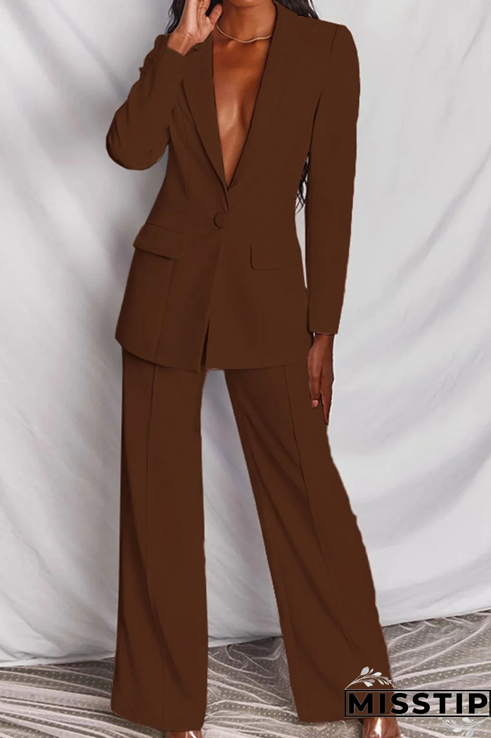 Coffee Casual Solid Buttons Turn-back Collar Long Sleeve Two Pieces