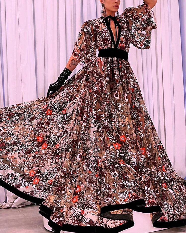 Elegant Ethnic Floral Print Kaftan