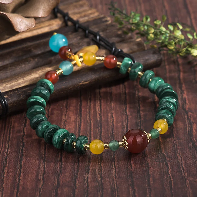 Natural Red Agate Malachite Bead Protection Charm Bracelet