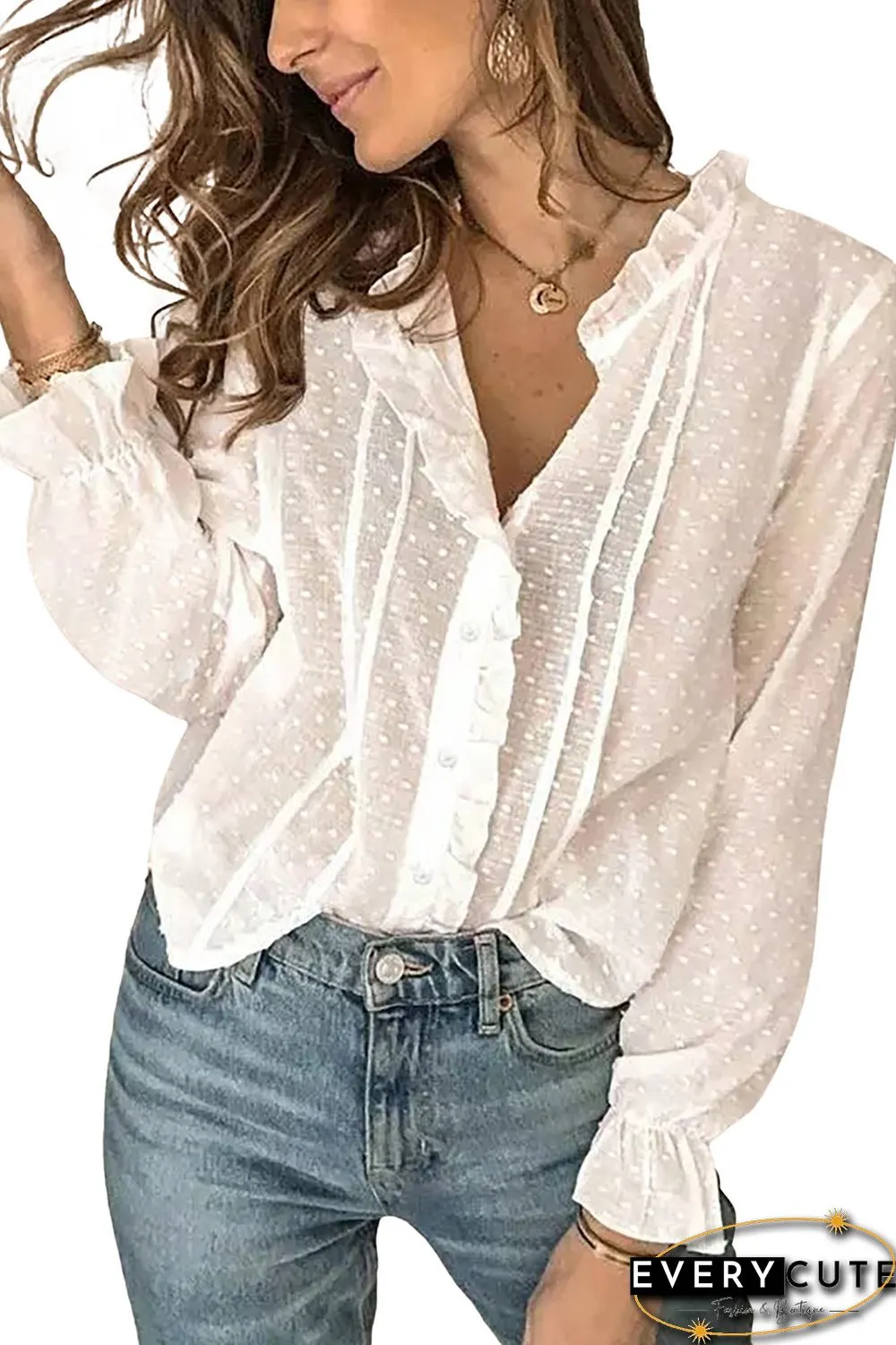 White Polka Dot Ruffled Buttoned Shirt