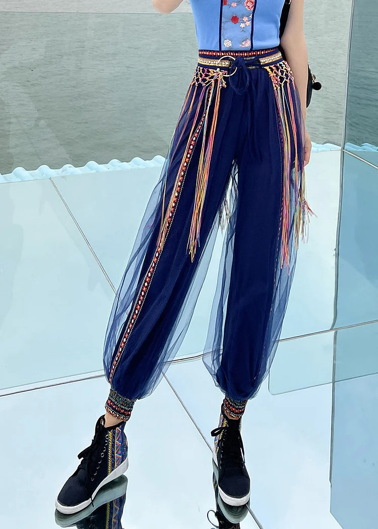 Casual Navy Print Embroideried Elastic Tulle Beam Pants Summer