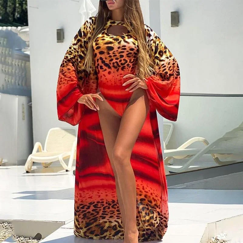 Fashion Swimsuit Leopard Print Swimwear Women One Piece Suits With Casual Sarong 2022 Bikini Set Beach Biquini Cover Ups