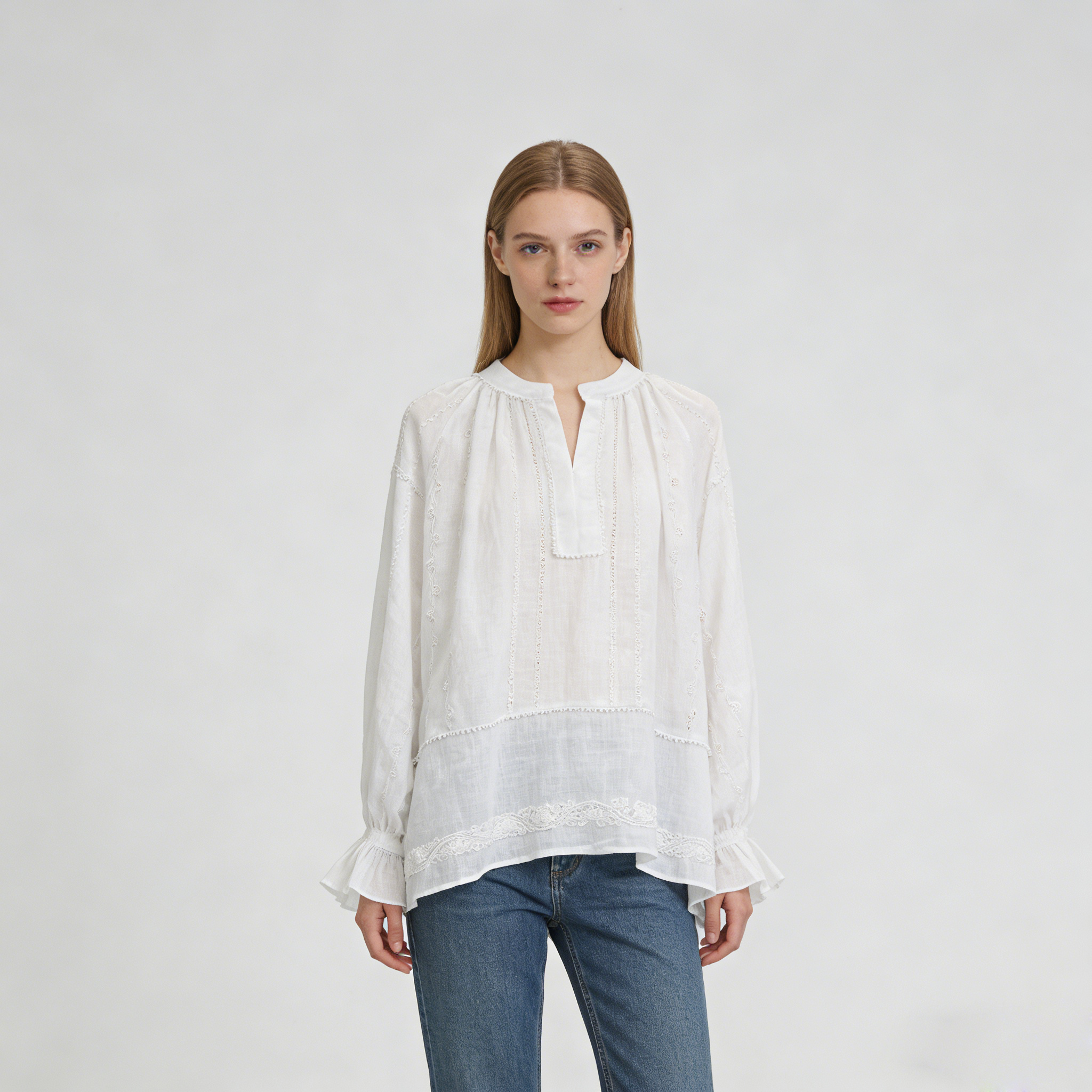 Linen Blouse Women 100% Ramie Embroidered Split Neck Top REAL SILK LIFE