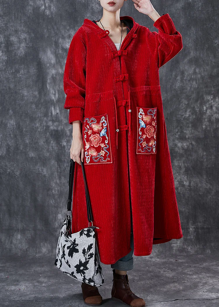 Red Oriental Warm Fleece Corduroy Trench Coat Embroideried Winter
