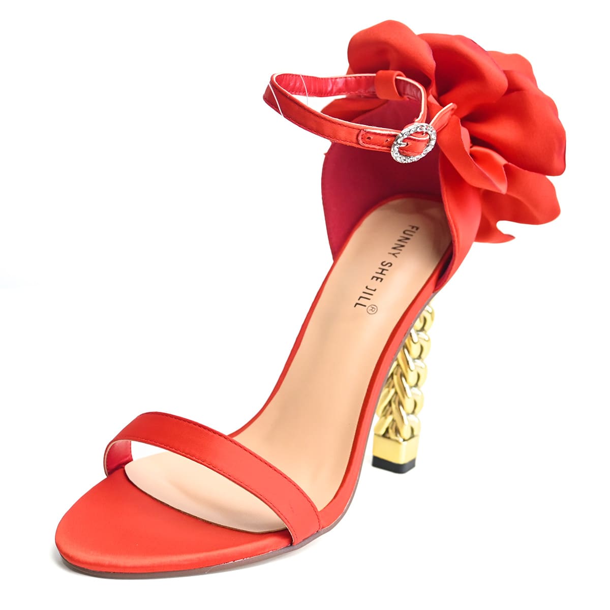 Red High Heels Ankle Strap Sandals Decorative Heels Flower Girl Shoes