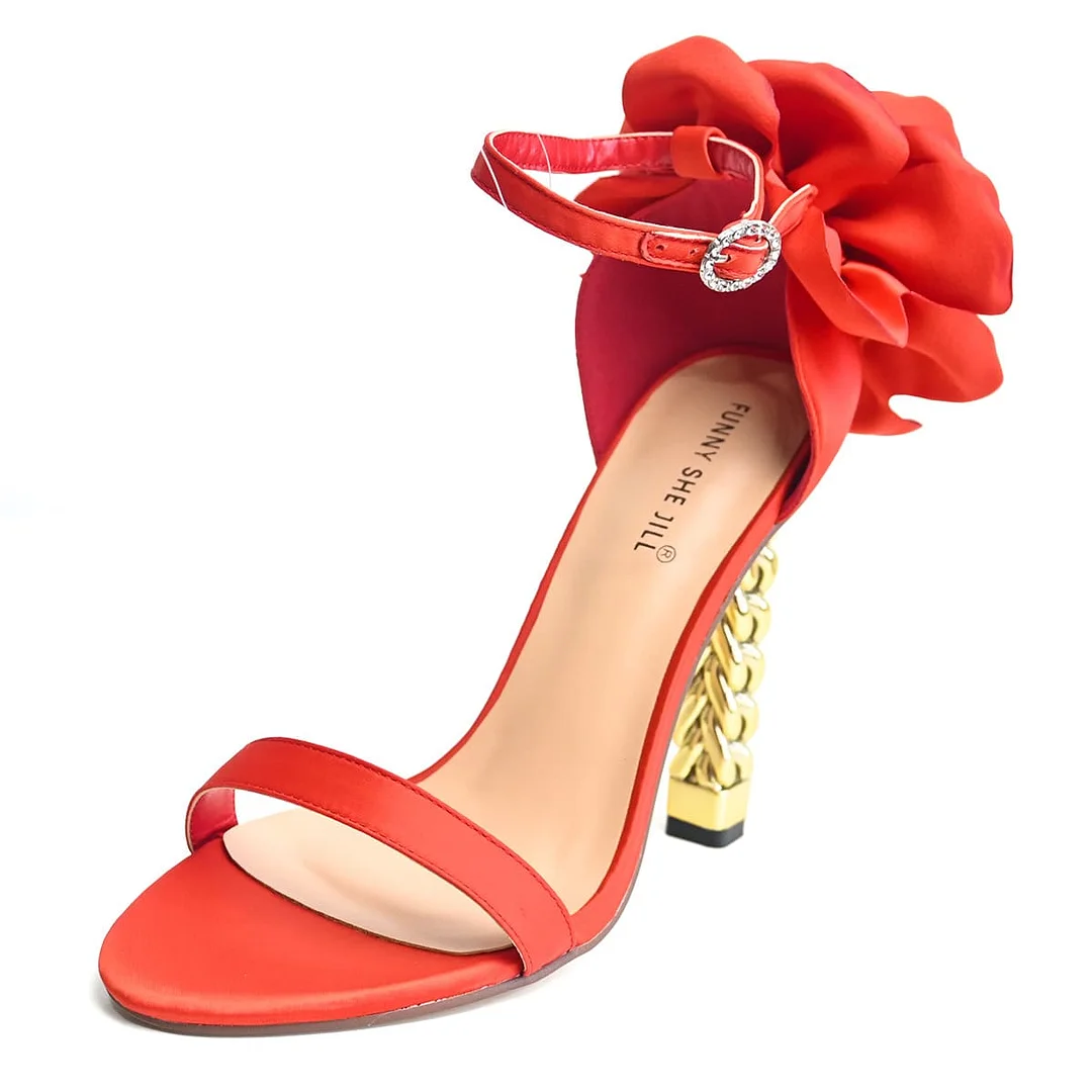 Red High Heels Ankle Strap Sandals Decorative Heels Flower Girl Shoes
