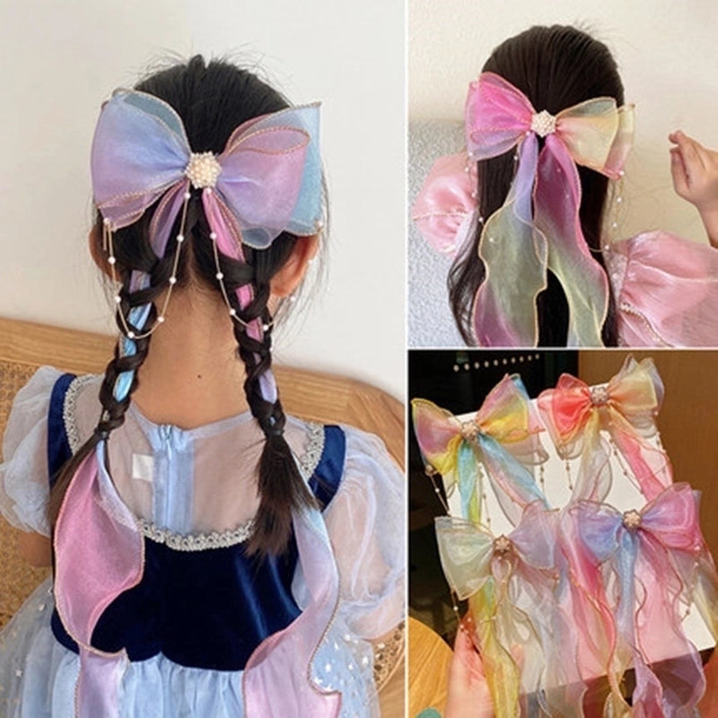 Children's Hair Band Female Colorful Bow Braided Hair Clip Little Girl Princess Long Ribbon Hairpin Summer Girls' Hair Accessories