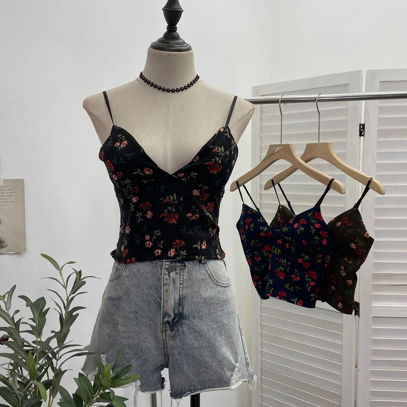Uveng Real Shooting Hottie Deep V-Neck Broken Flower Short-Sized Hong Kong Wind Sling Female Wear With Chest Cushion Small Waistcoat Sleeveless Top 1727