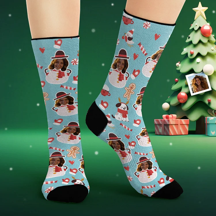 Custom Face Socks Personalized Photo Blue Socks Funny Snowman