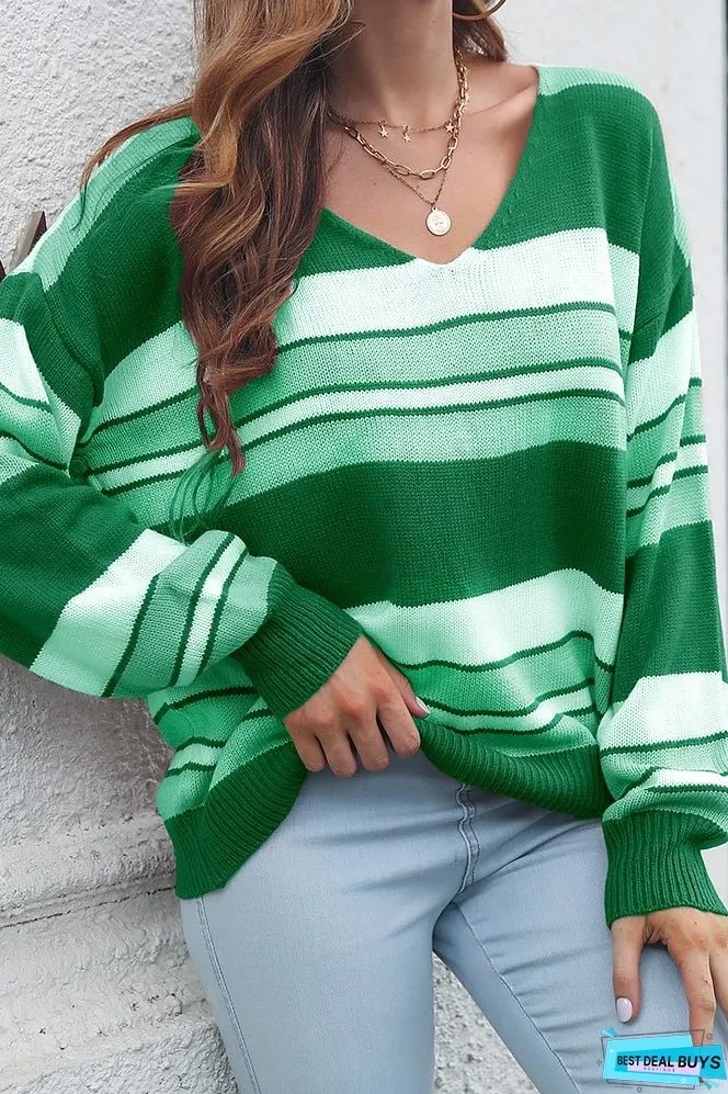 Winetr Outfits Colorblock Stripes V Neck Knitting Sweater
