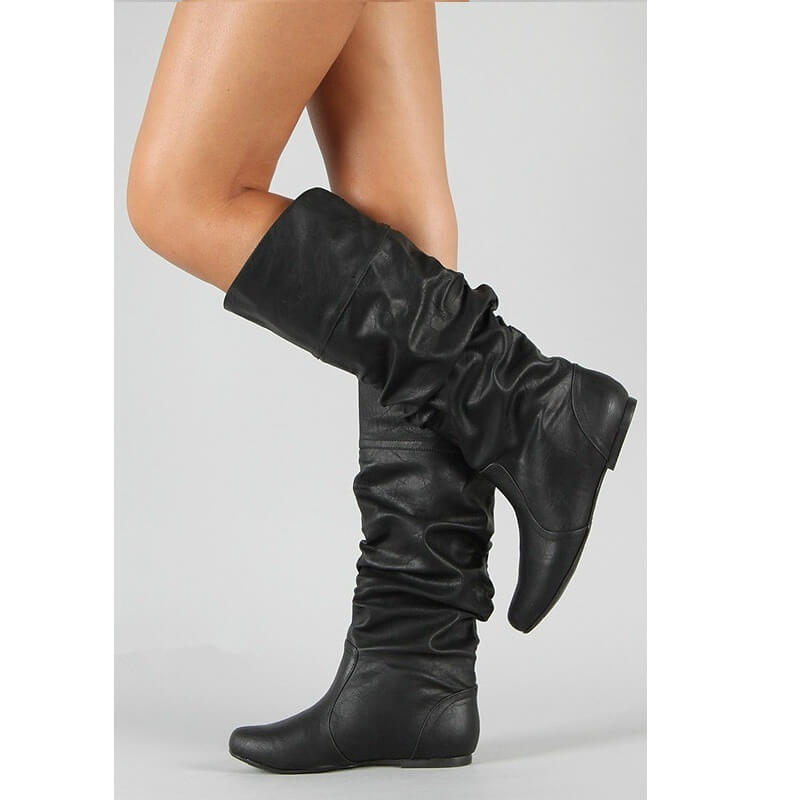 VCSHOES Leather Mid Calf Fold Flat Boots