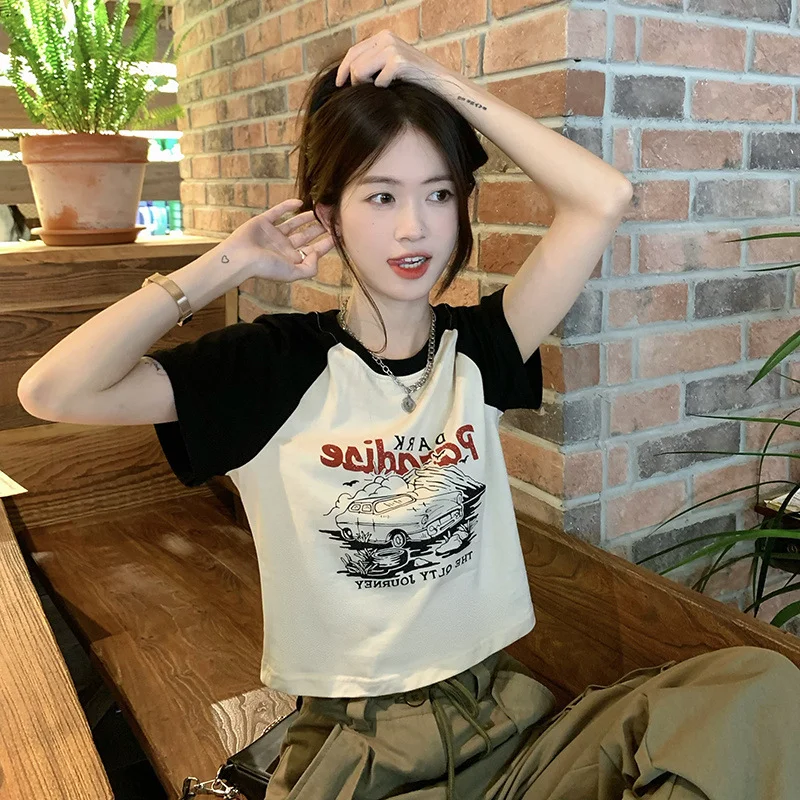Brownm Brownm Print Short-Sleeved T-Shirt Female 2024 Summer Korean Version Of The New Slim And Versatile Short Student Jacket Fashion