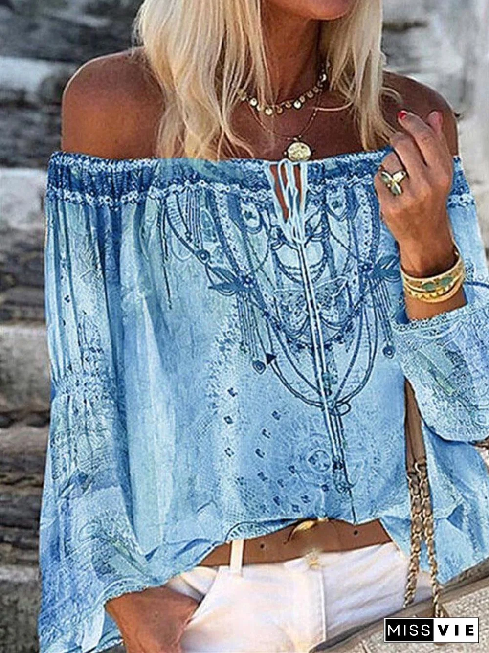 Women's Fashion Print Off-shoulder Top With Flared Sleeves