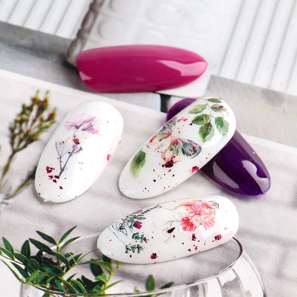 Nail Stickers Water Transfer Flowers Leaves Pine Cones Designs 4Pcs/Set Nail Decal Decoration Tips For Beauty Salons-Nail Inspo