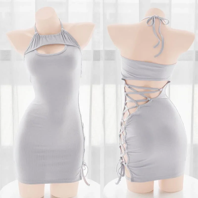 Lace up Side Hollow Out Gray Dress Lingerie SetO N90