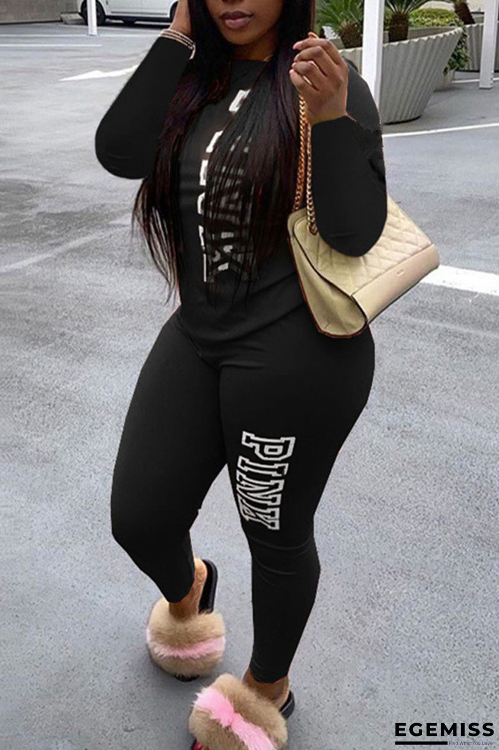 Black Casual Print Patchwork O Neck Long Sleeve Two Pieces | EGEMISS