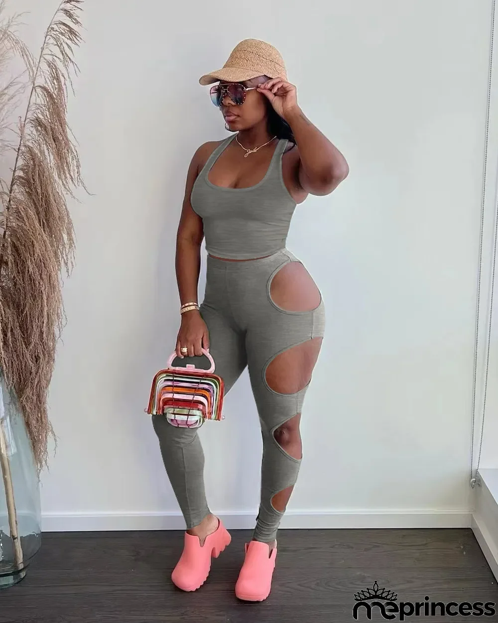 Solid Tank Top Hole Pants Two Piece Sets