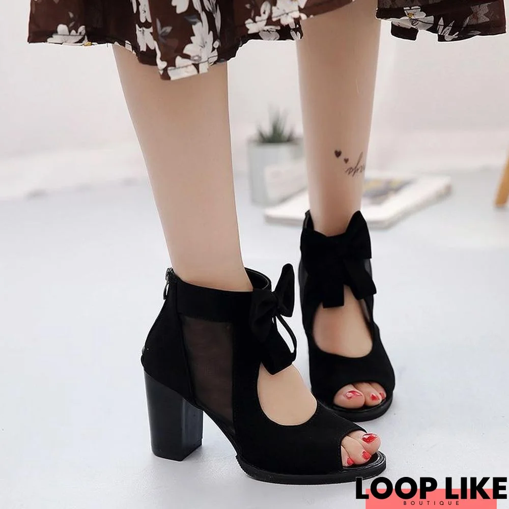 Women Square High Heel Sandals Sexy Peep Toe Bowtie Thick Mesh Sandal Shoes