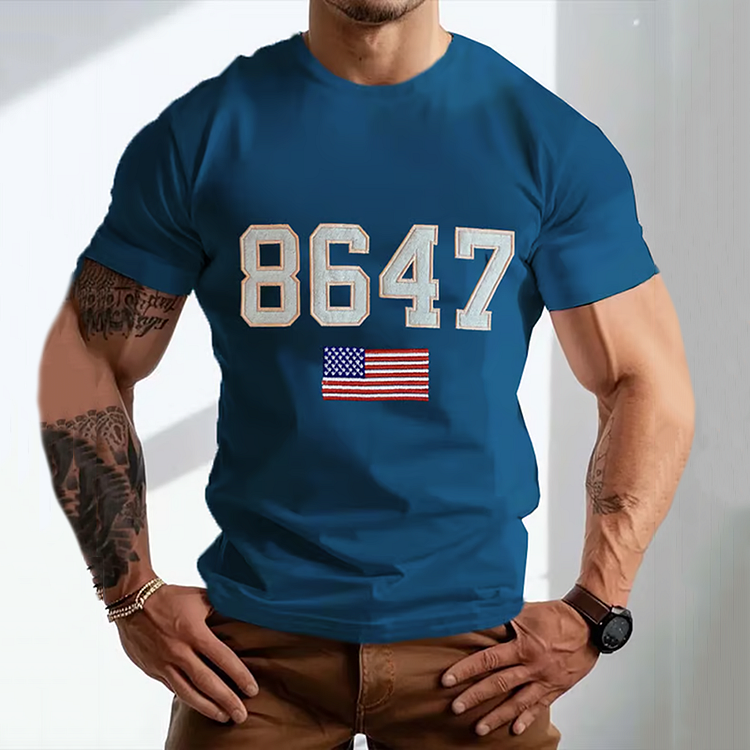 VChics Men's Retro With America Flag Printed Casual Round Neck T-shirt