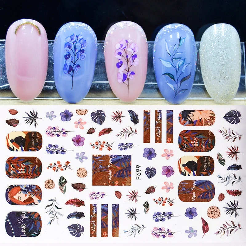 1pcs Black Gold Sping Leaves 3D Nail Sticker Coconut Tree Leaf Pattern Adhesive Transfer Decals Shiny DIY Nail Decoration