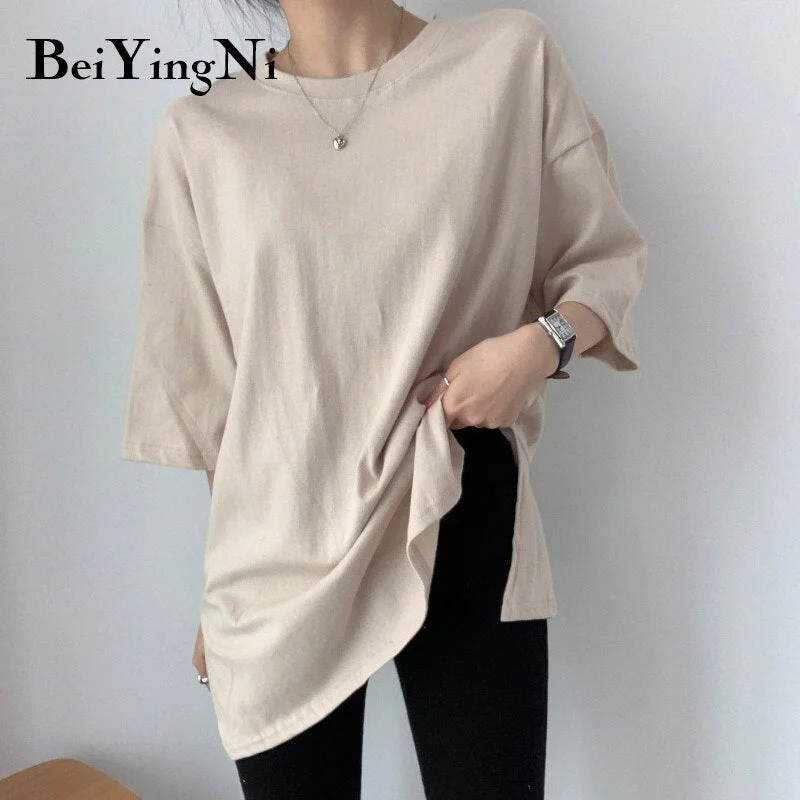 Beiyingni 8 Colors Oversized T-shirt Female Cotton High Quality Harajuku Casual Loose T Shirt Women Split Tshirts Black Pink Top