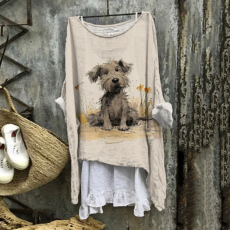 Lovely Cute Dog With Flower Pattern Linen Blend Flowy Tunic