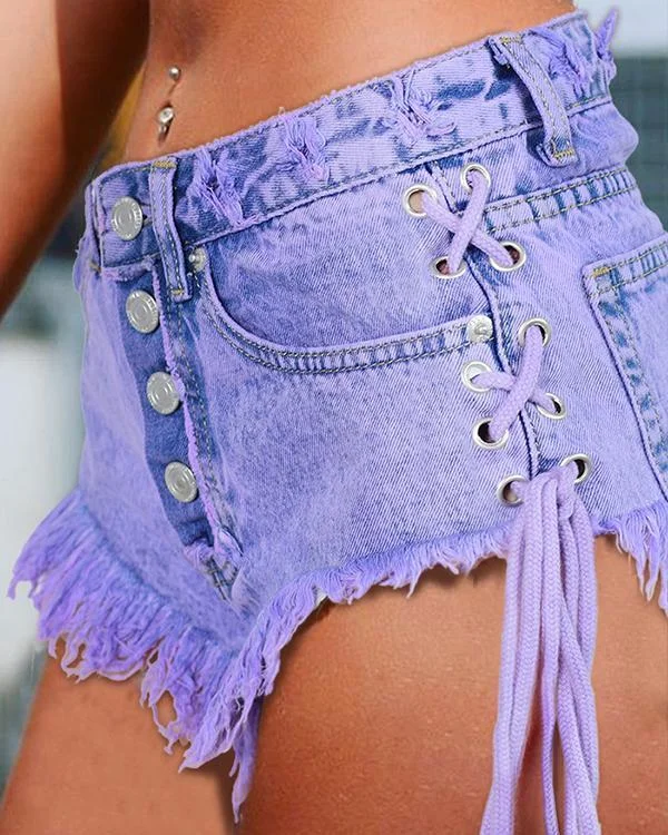 Macaron Purple Button Bandage Jeans Shorts