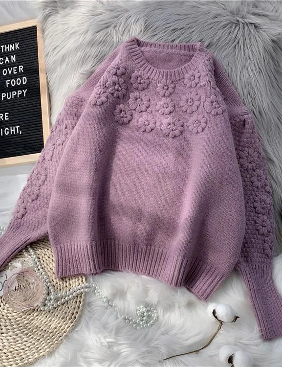 Comfy beige knitted top o neck embroidery oversize knit tops