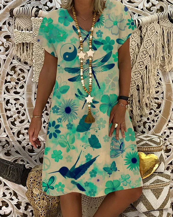 Casual Butterfly Dragonfly V-Neck Vacation Short Sleeve Dress