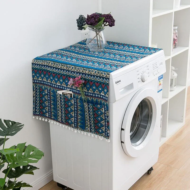 Geometric Refrigerator Top Cover Cotton Linen Washing Machine Dust Covers with Storage Bag Dustproof Microwave Oven Hood