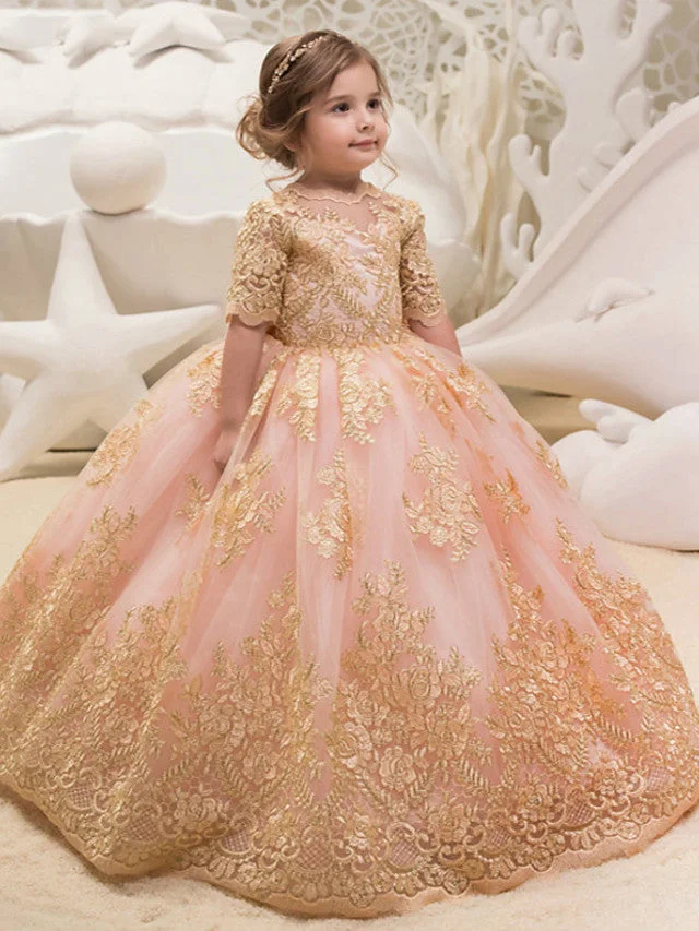 Daisda Ball Gown Half Sleeve Jewel Neck  Flower Girl Dresses Tulle With Bow Appliques