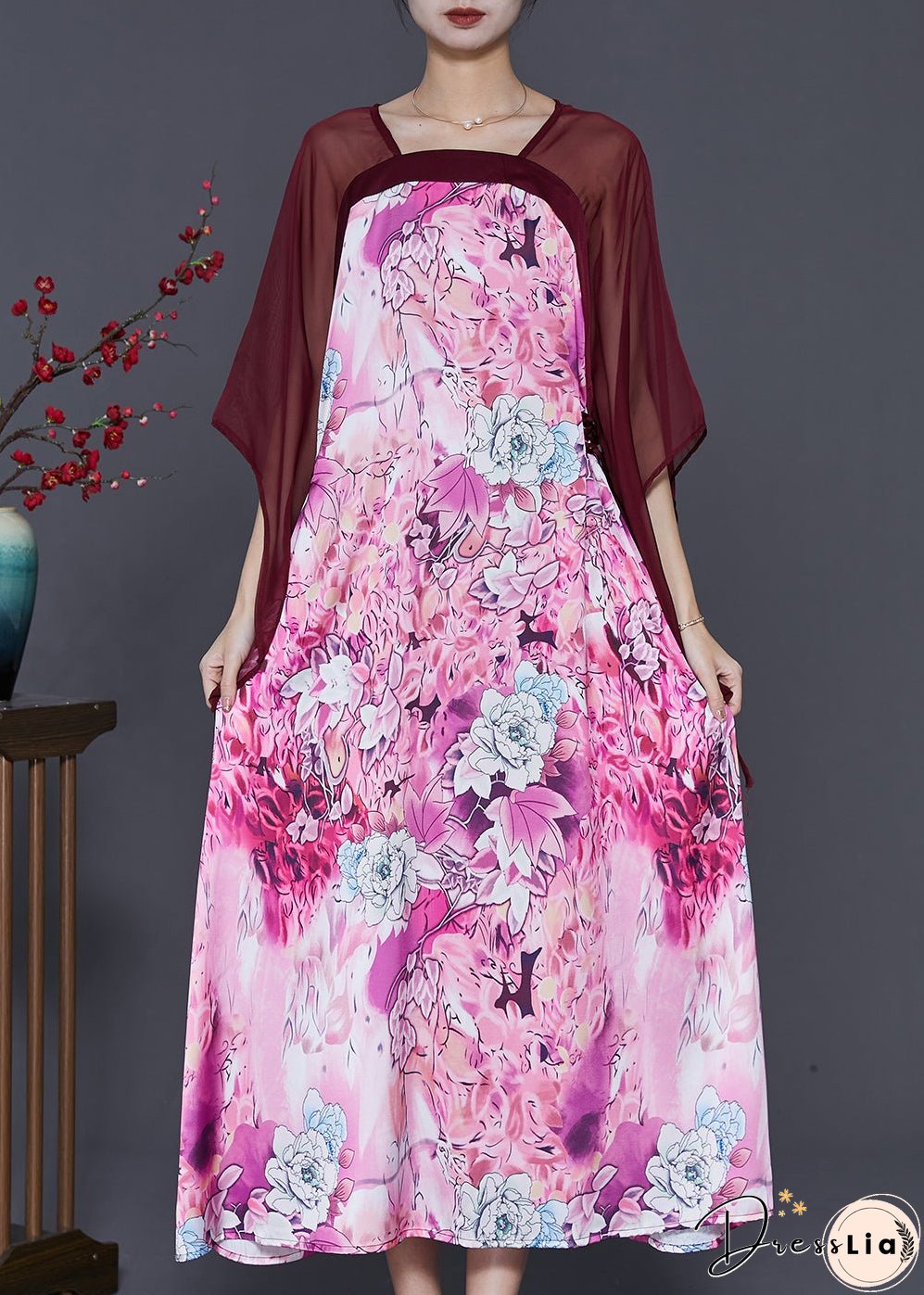 Modern Purple Square Collar Patchwork Print Chiffon Dresses Summer