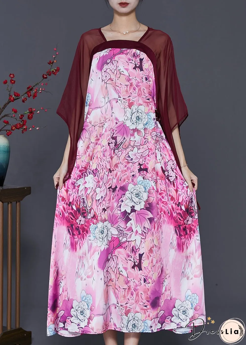 Modern Purple Square Collar Patchwork Print Chiffon Dresses Summer