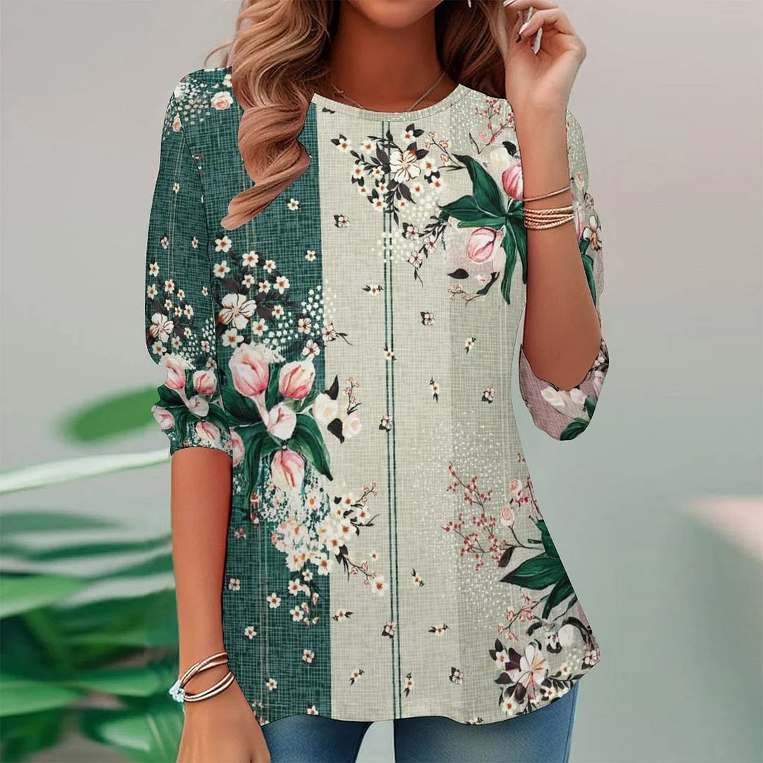 Vintage Printed Long Sleeve Plus Size Tunic for  Women and Men Unisex Pattern Floral,Pink,Green,Stitch