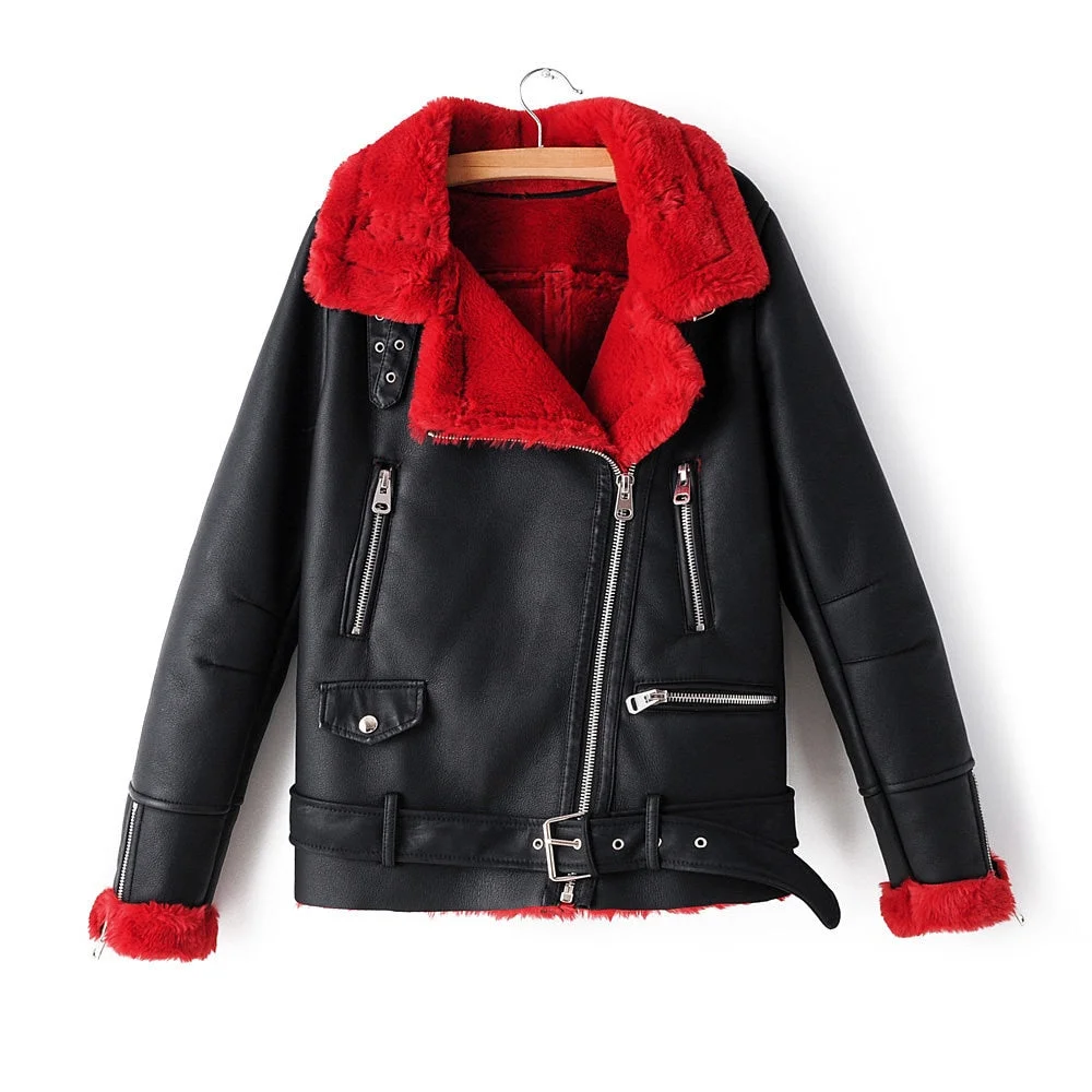 2020 Winter Fleece Faux Leather Jackets Fashion Motorcycle Women Red Thick Warm Suede Jacket Female Flocking Coats