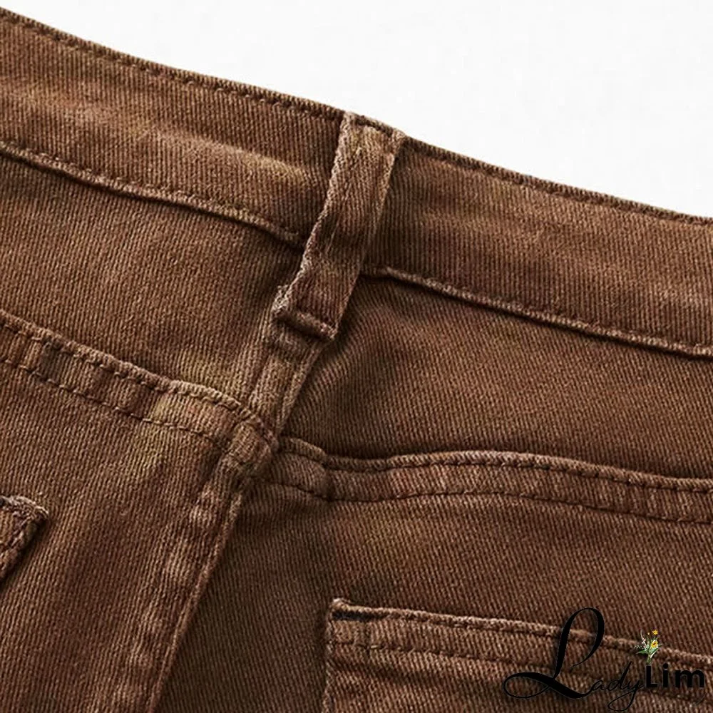 Crochet Hollow T-Shirt Fringed Split Denim Pants Two Pieces Set