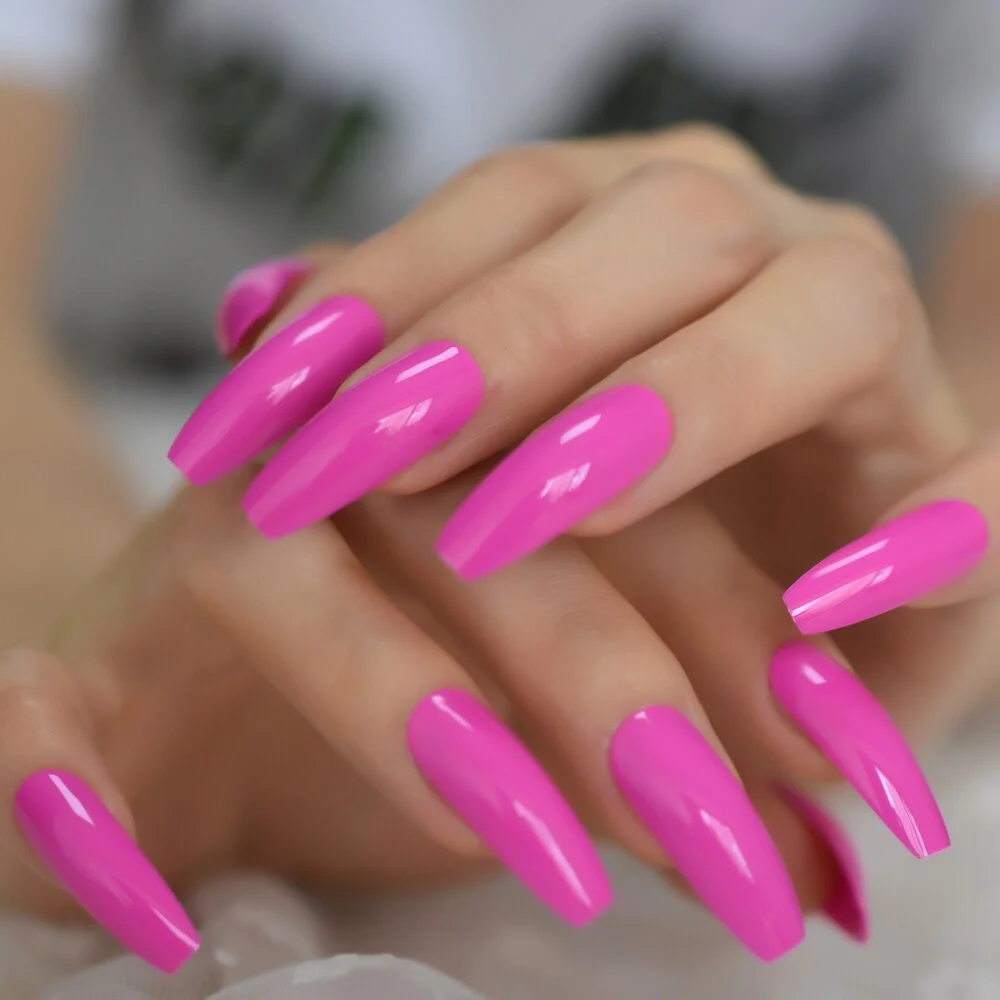 Rose Pink Extra Long Coffin Shape False Nails UV Shine Surface Neon Solid Color Acrylic Artificial Nail Tips 24-Nail Inspo